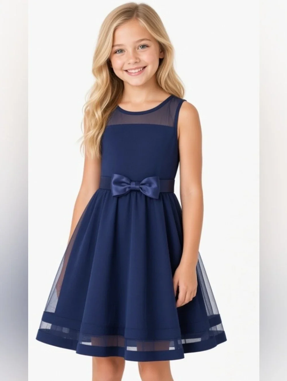 Calvin Klein Girls Sleeveless Navy Bow Party Dress( Sz:8)